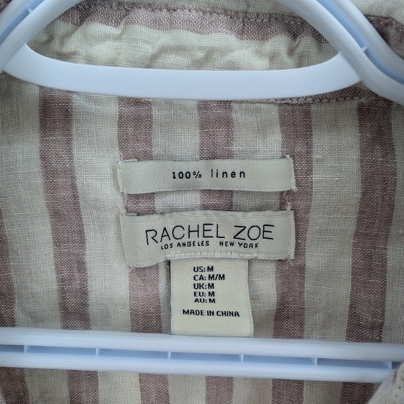 100% Linen Rachel Zoe Women's Medium Striped Purple Beige Button Down Top - Picture 3 of 7